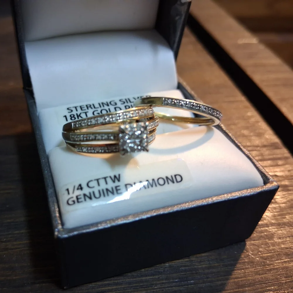 18KT Gold-Plated Sterling Silver Diamond Bridal Ring Set - White/Gold